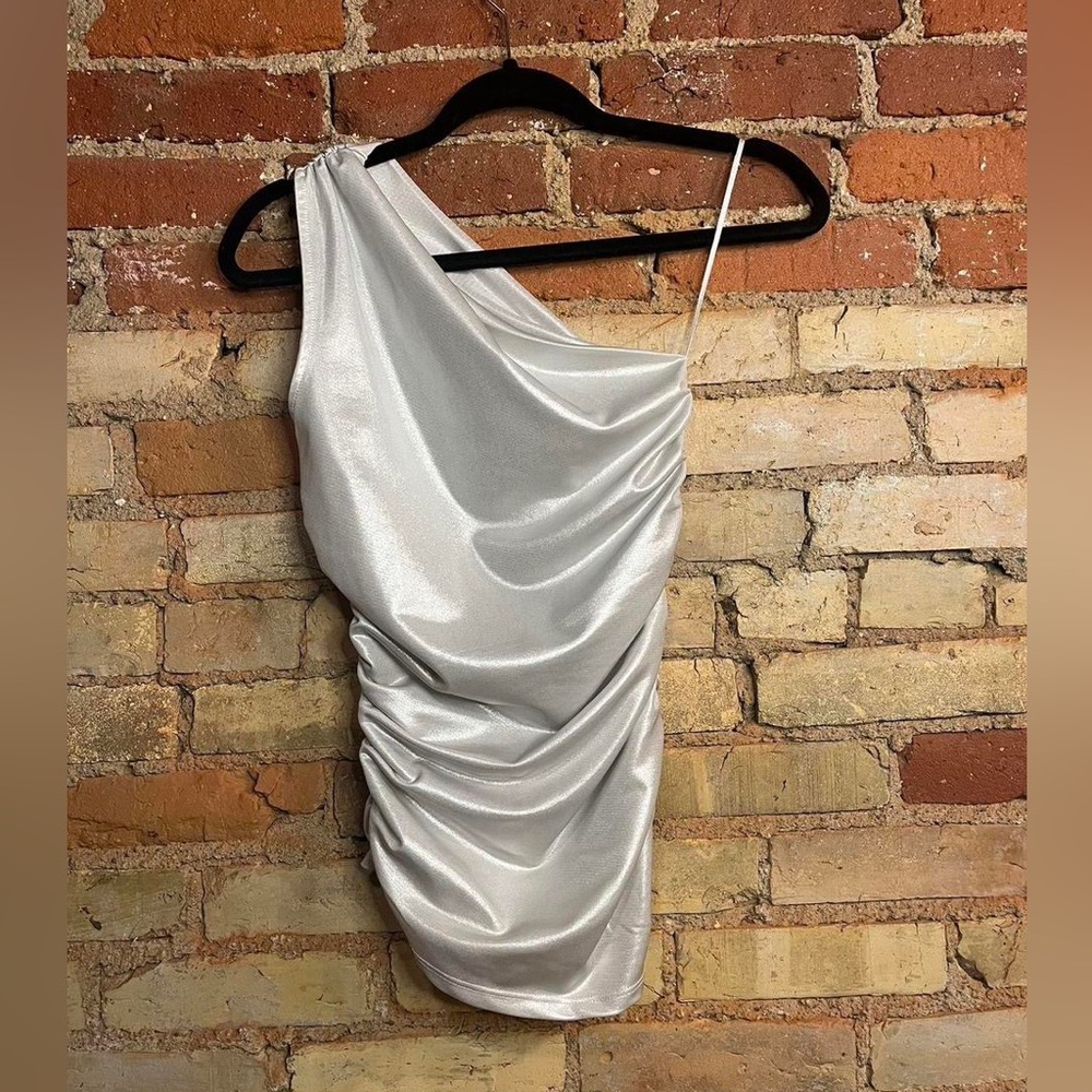One-Shoulder Silver Ruched Top